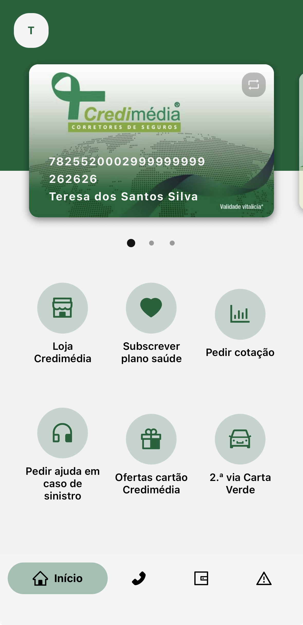 Ecrã inicial da aplicação Credimédia, com o cartão do aderente e os atalhos para subscrever plano de saúde, pedir cotação e participar um sinistro